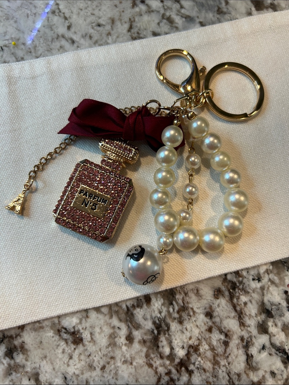 Pearl Bead Key & Card Holder with Burgundy Bow and Gold Hardware - Picture 2 of 5